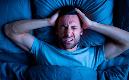 Мужчина лежит на кровати и держится за голову