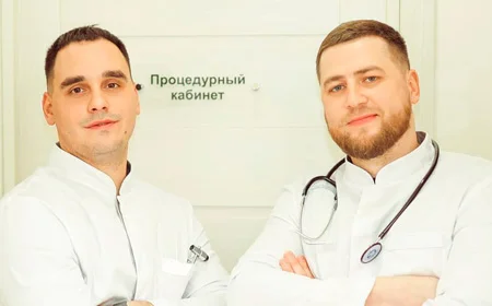 Два врача в белых халатах в коридоре клиники