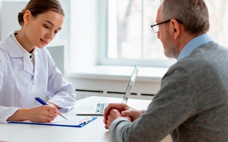 Женщина-врач показывает мужчине рекомендации на планшетке